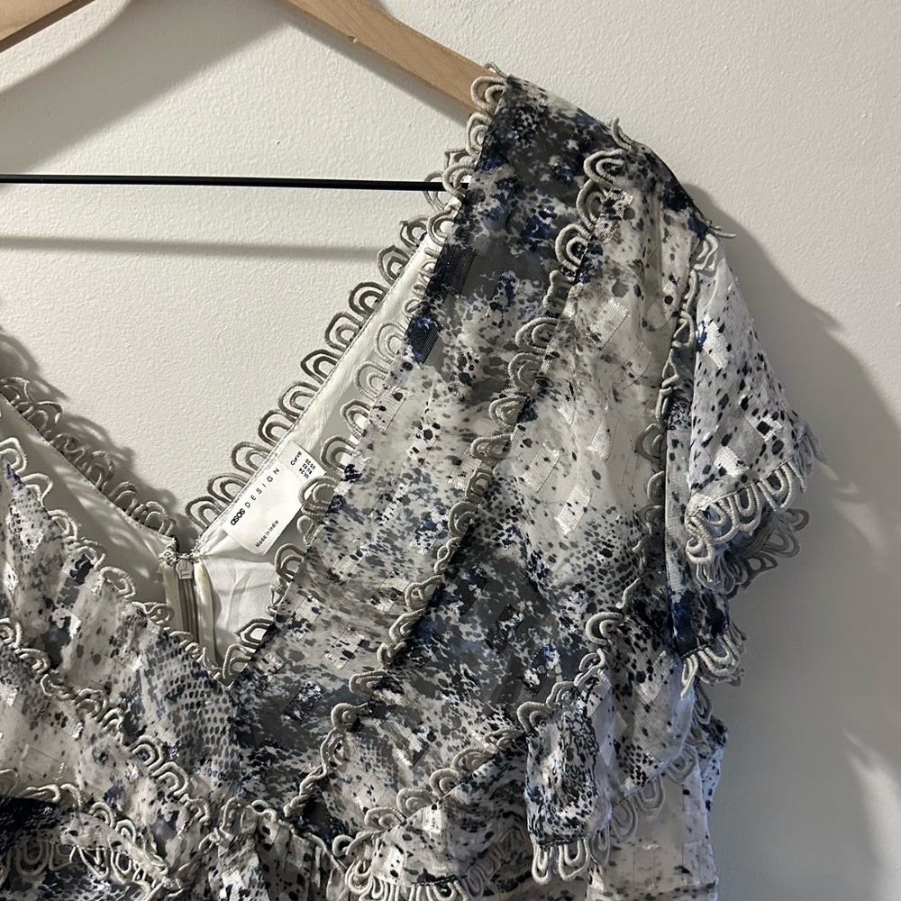 Plus Size Asos Blue & Gray Patterned Ruffle Dress